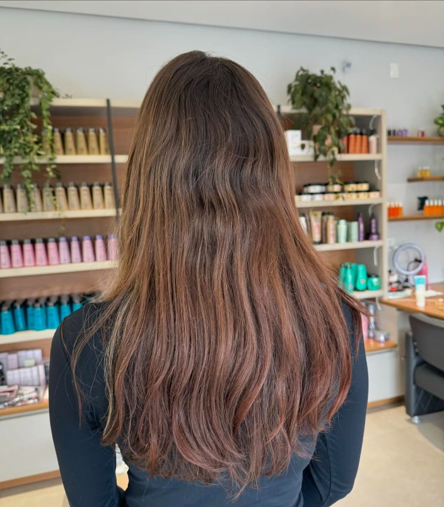 Antes: cabelo castanho longo sem iluminação